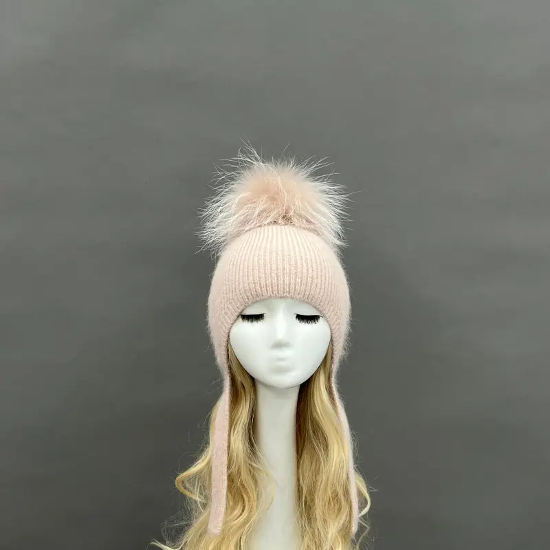 Adult Rabbit Fur Pom Pom Ear Muff Hat with Windproof and Warm Protection1