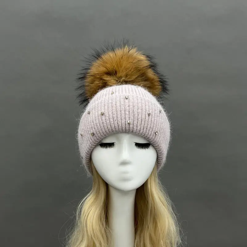 Women's Warm and Casual Rabbit Fur Hat with Sparkling Fur Pompoms27