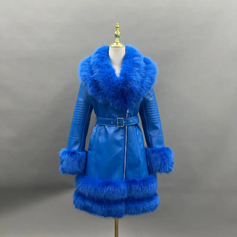 Eco-Friendly Leather Women's Mid-Length Coat with Faux Fur Cuffs and Belt38