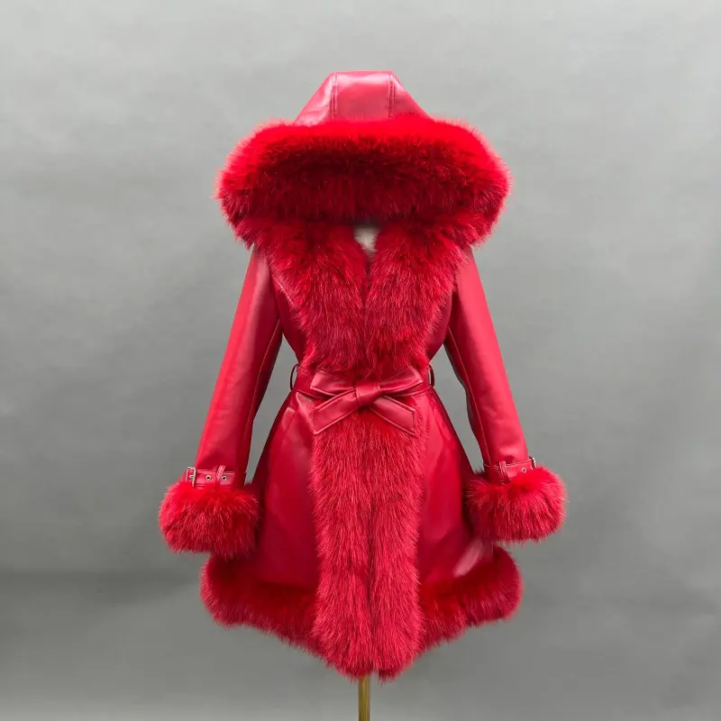 Eco-Friendly Leather and Fur Women's Long Belted Hooded Coat39