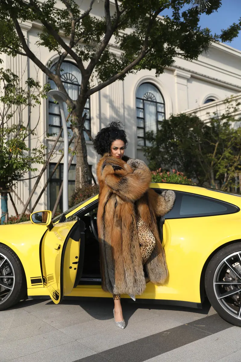 Gold-Edged Fox Fur Women's Luxurious High-Quality Long Coat with Lapel39