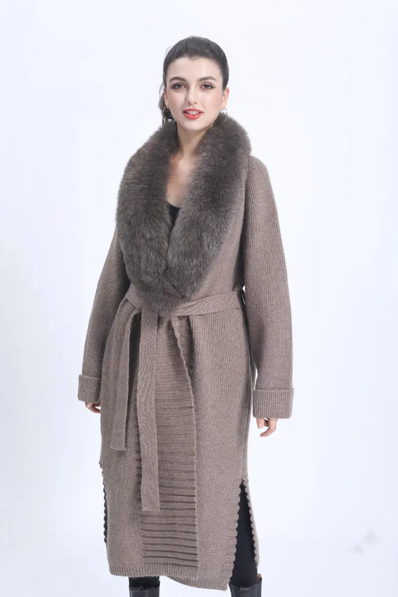 Ladies' Wide Lapel Belted Knitted Sweater Spring Knit Cardigan Long Outerwear m2