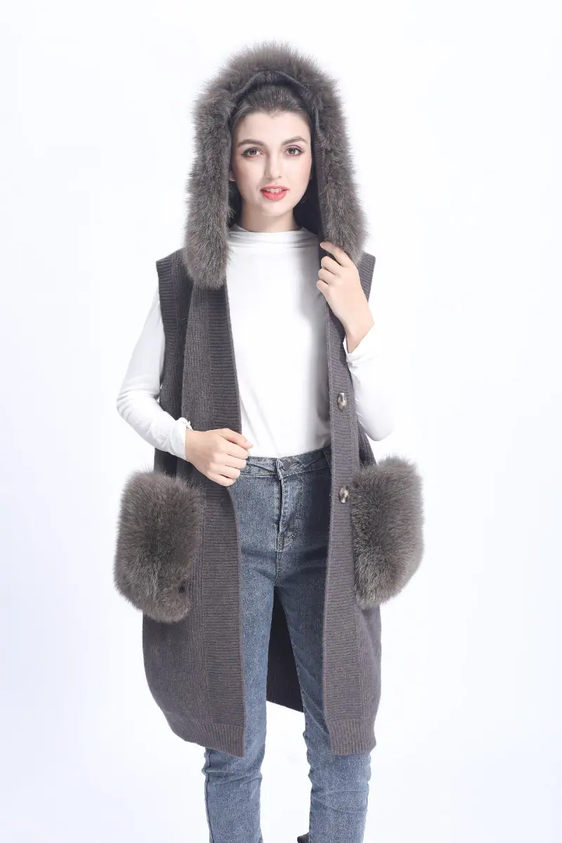 Women's Knitted Sweater Hooded Vest Sleeveless Button Down Cardigan Outwear Top with Pockets