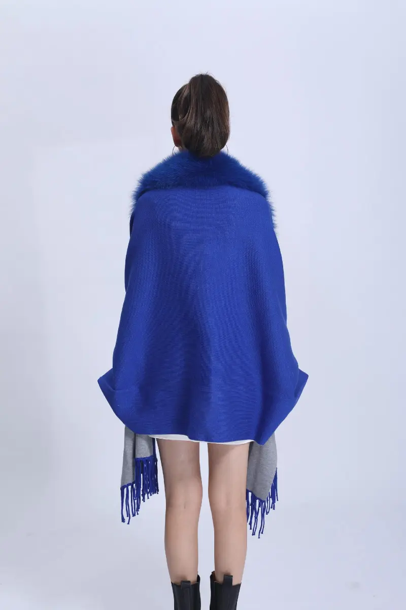 Women's Elegant Shawl with Fur Trim Reversible Two-Tone Cape Ribbed Cuffs Cape m6