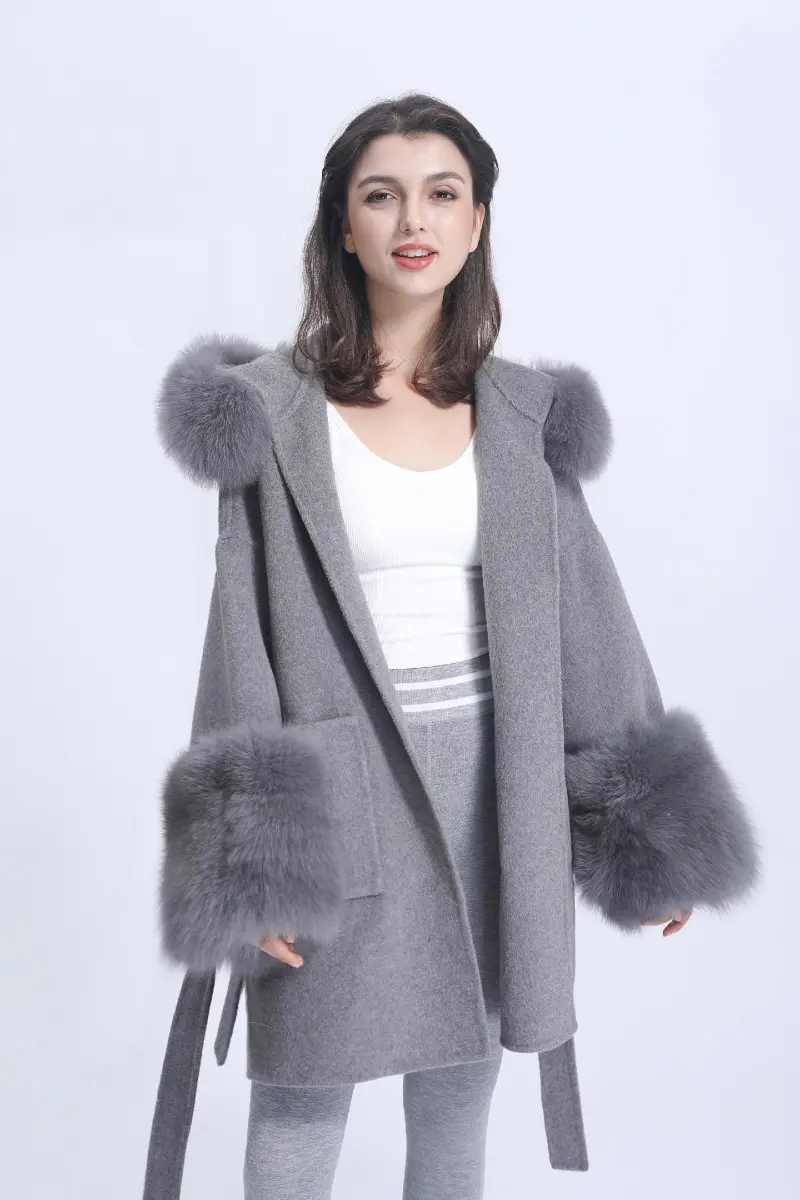 Double-faced Wool Hood Coat Women's Casual Short Style with Cuffed Fur