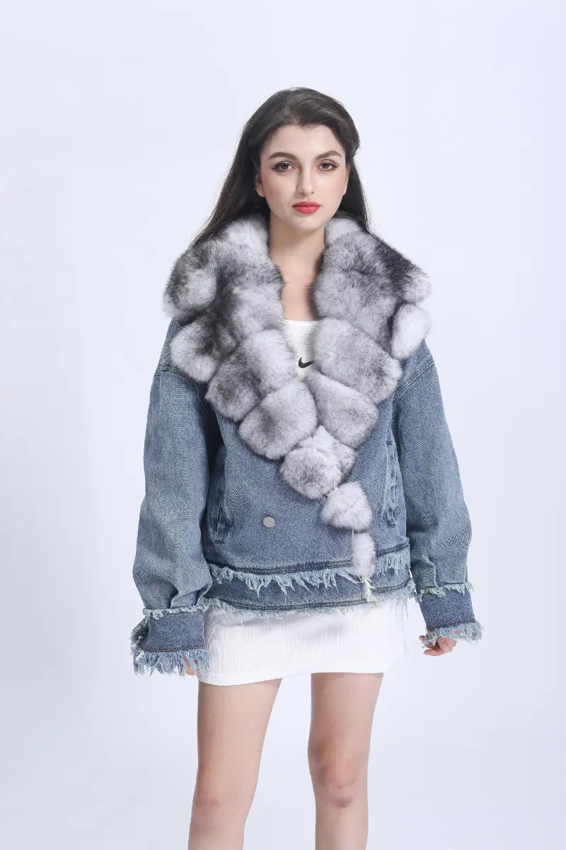 Women's Denim Jacket Leather Large Fox Fur Collar Winter Luxury Coat Fluffy Jacket Denim Blue Down Outerwear