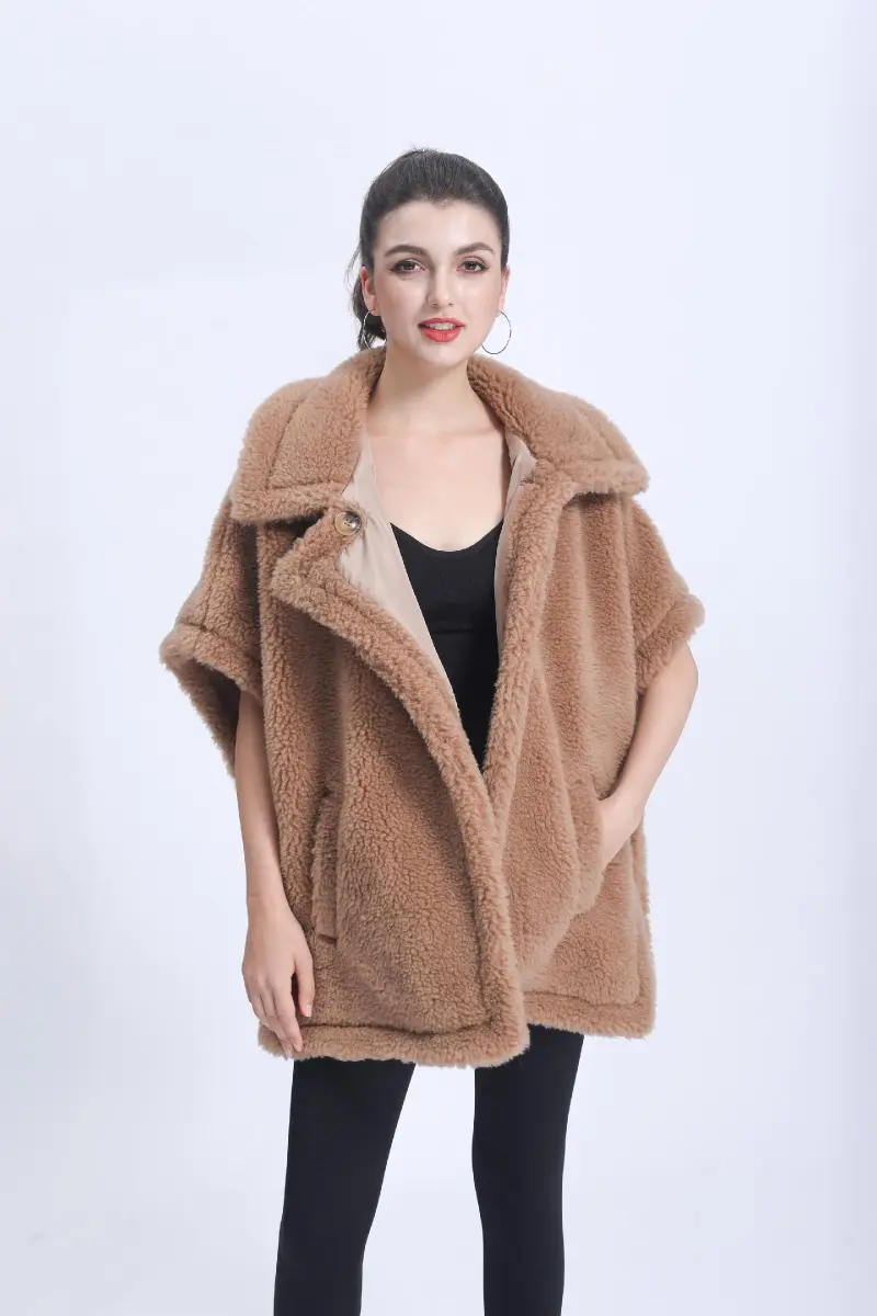 Womens' Cape Style Teddy Coat Shearling Jacket Spring Fur Coat Lamb Wool Jacket