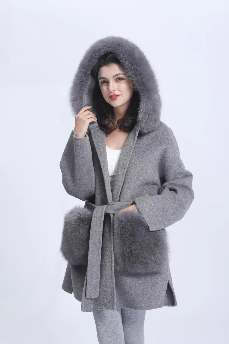 Cashmere Short Coat Women's Fashion Casual Hooded Jacket with Fur Pockets and Fur Collar Double-faced Wool Coat