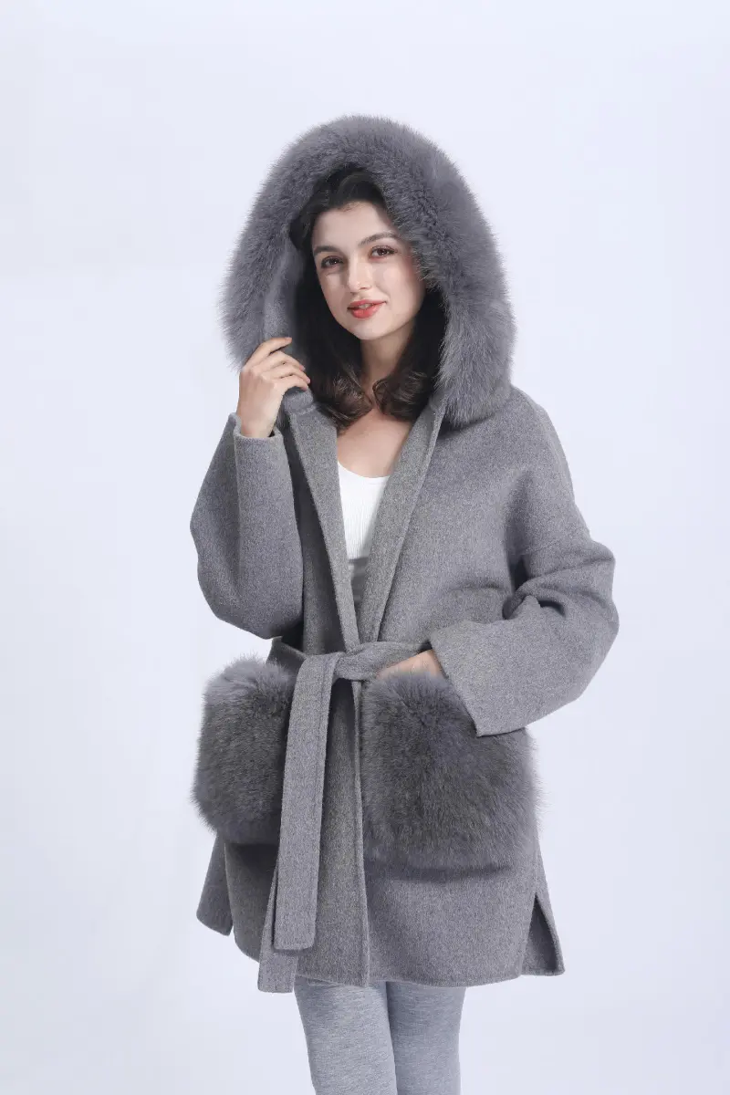 Cashmere Short Coat Women's Fashion Casual Hooded Jacket with Fur Pockets and Fur Collar Double-faced Wool Coat 4