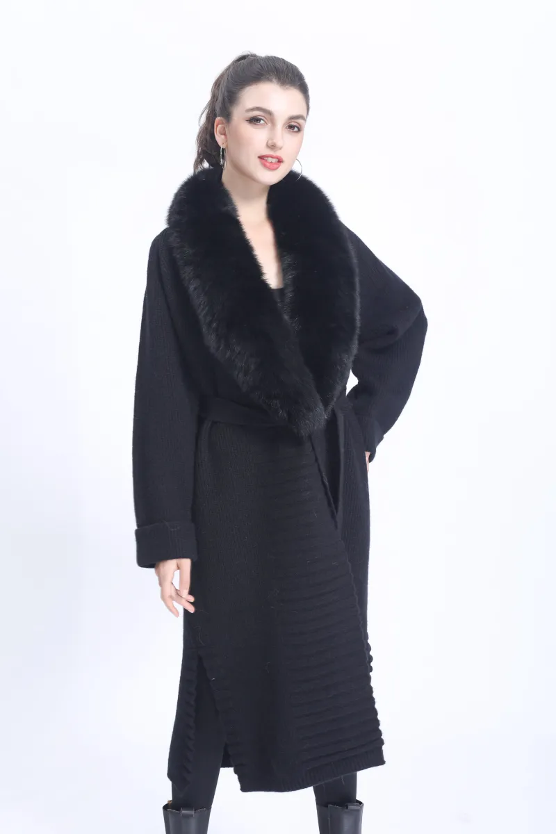 Ladies' Wide Lapel Belted Knitted Sweater Spring Knit Cardigan Long Outerwear m3