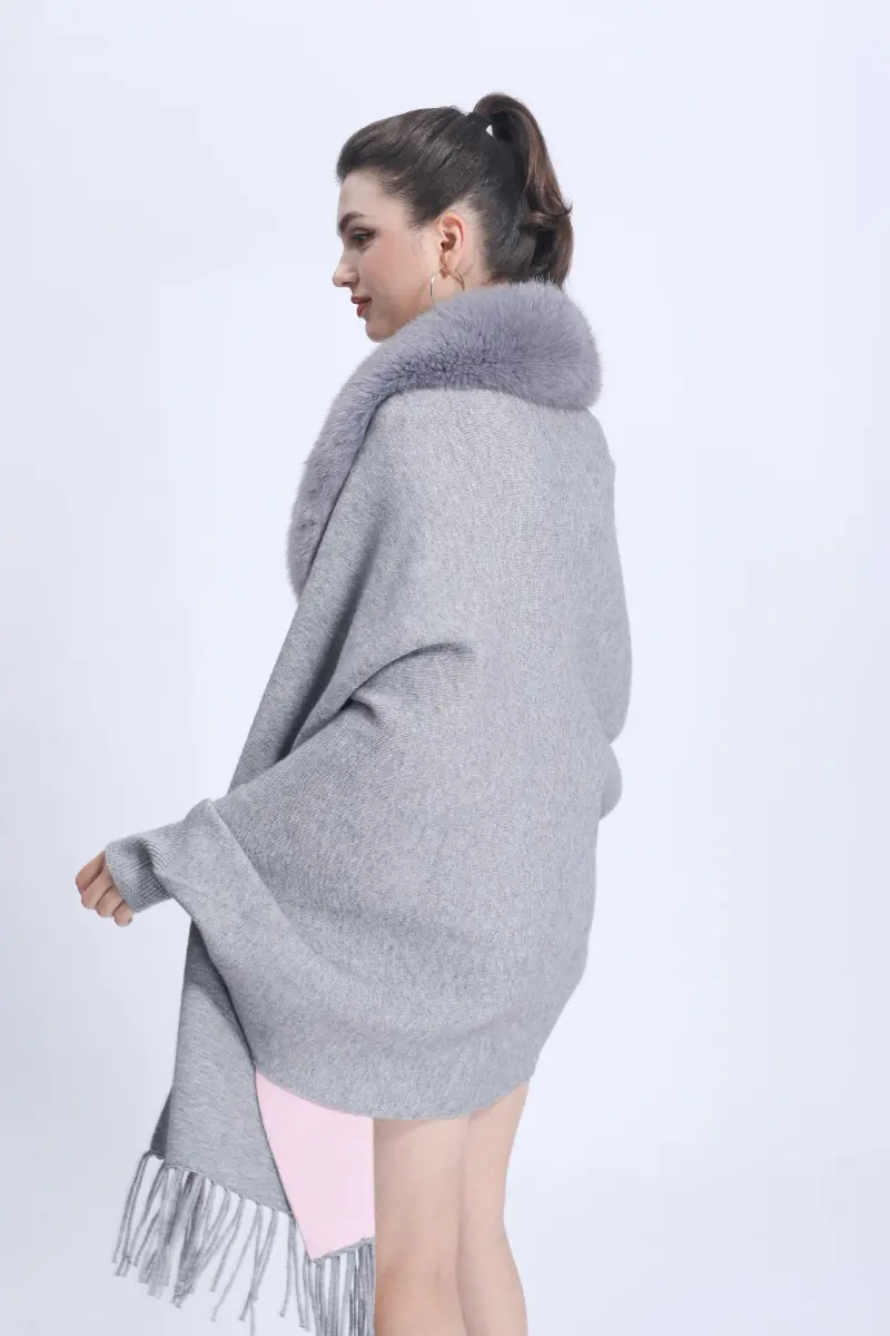 Women's Elegant Shawl with Fur Trim Reversible Two-Tone Cape Ribbed Cuffs Cape m3