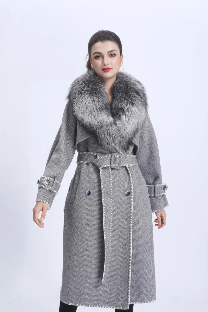 Women's Double-faced Wool Coat with Luxurious Silver Fox Fur Collar Cashmere Jacket