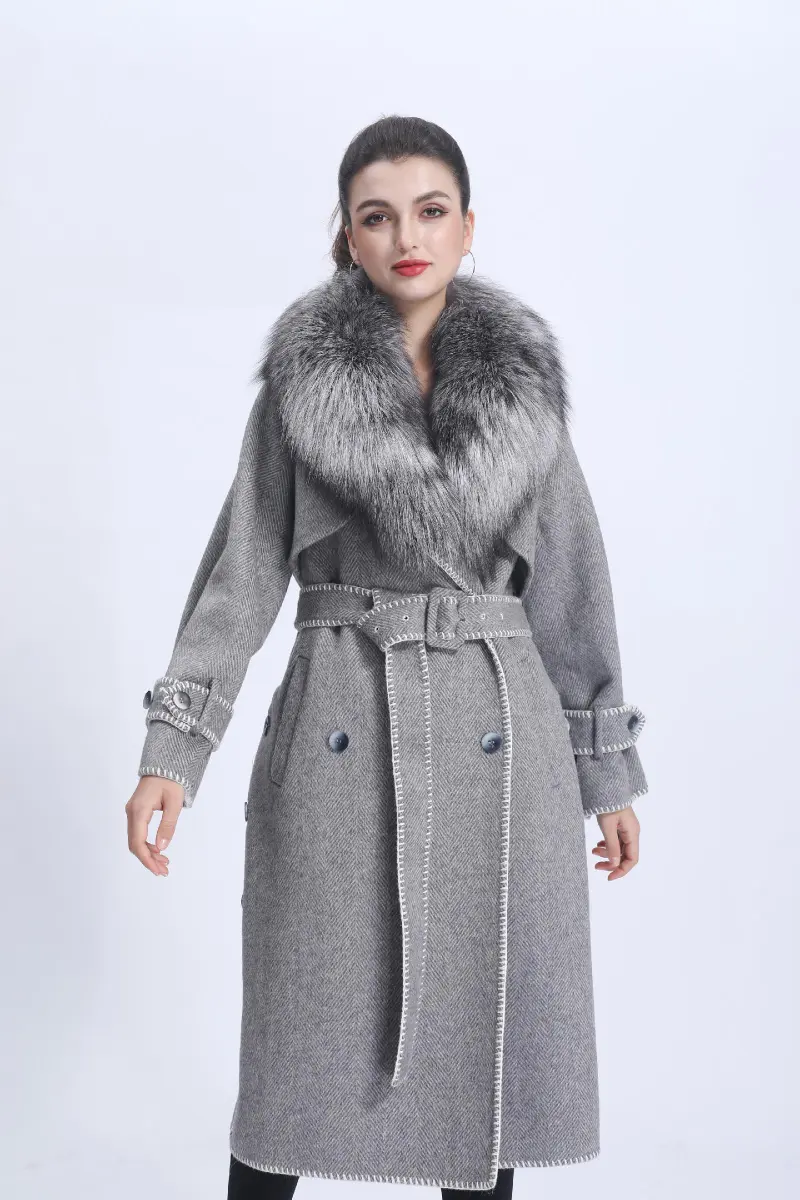 Women's Double-faced Wool Coat with Luxurious Silver Fox Fur Collar and Herringbone Pattern, Cashmere Jacket m5