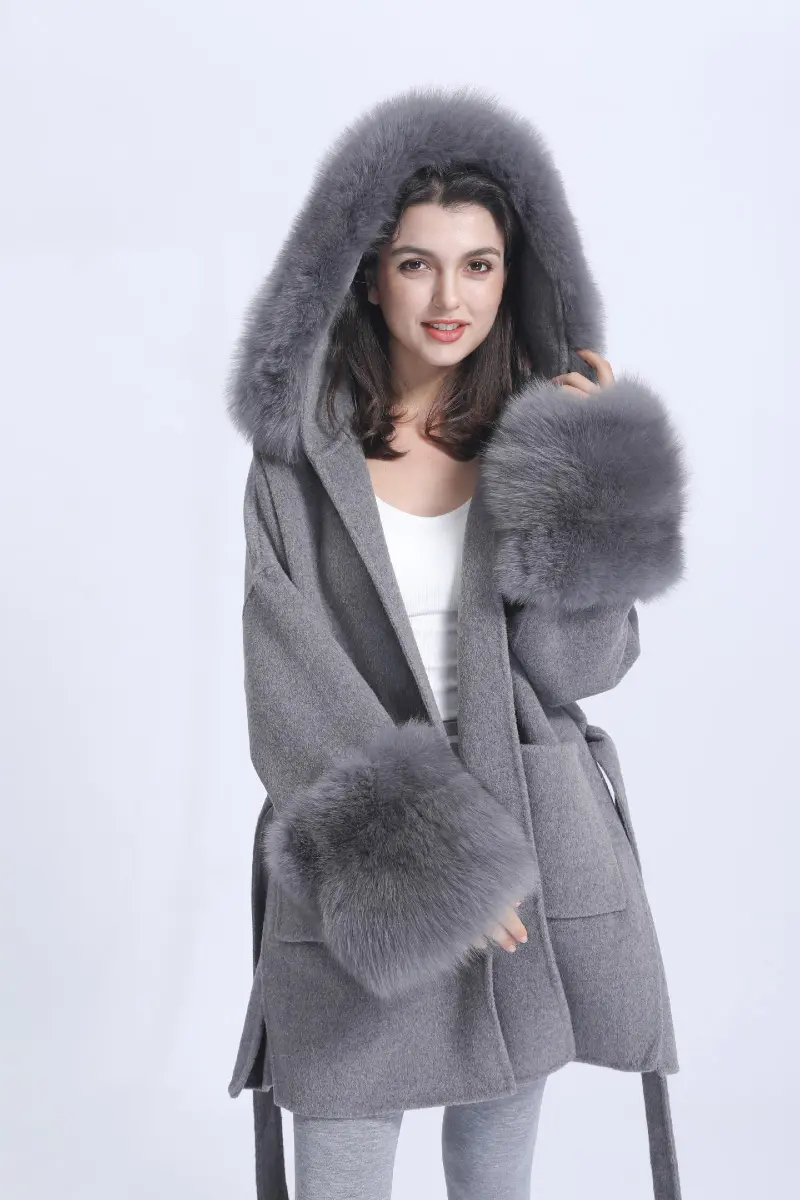 Double-faced Wool Coat Women's Casual Short Style with Cuffed Fur Sleeves, Hood, and Fur Collar Cashmere Jacket m2