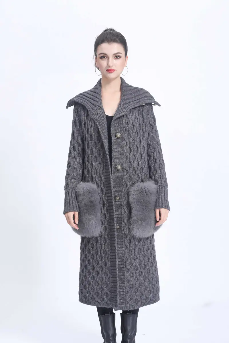 Knee-length Knit Sweater Spring New Large Lapel Plug Pocket Ladies Jacket