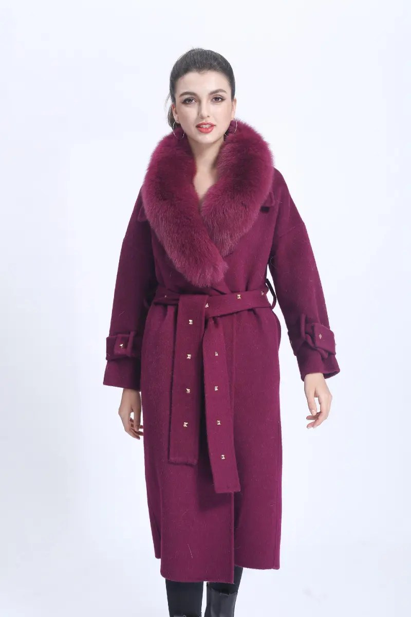Women's Double-faced Wool Coat with Large Fur Lapel and Rivet Buttons Cashmere Jacket