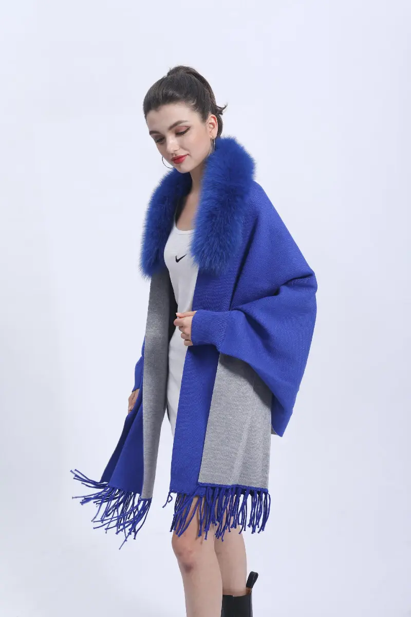 Women's Elegant Shawl with Fur Trim Reversible Two-Tone Cape Ribbed Cuffs Cape m4