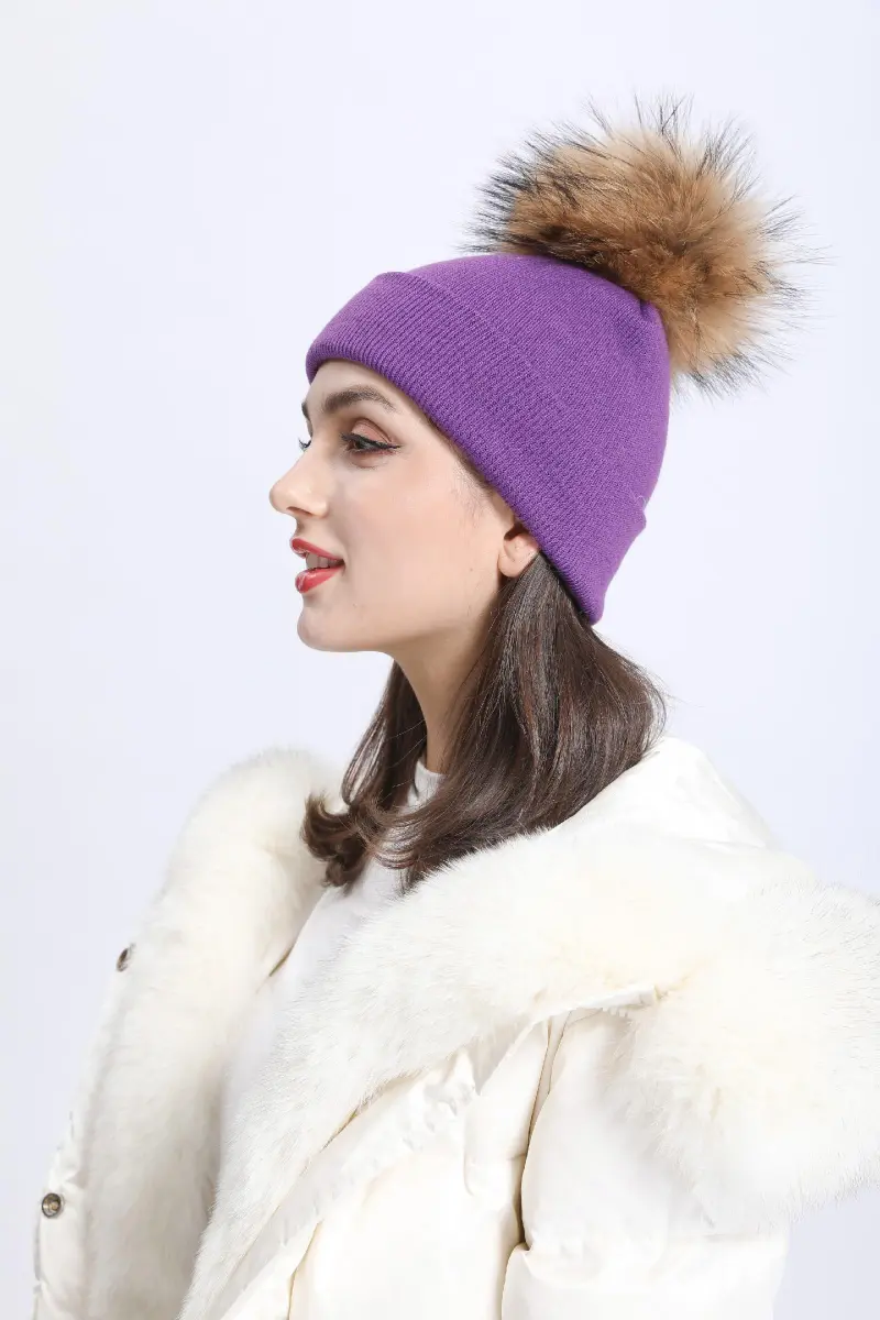 Solid Color Acrylic Knitted Hat with Single Fur Pom Pom Women's Knit Cap m1