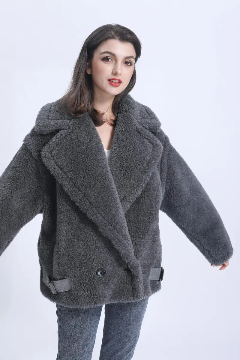 Womens' Teddy Shearling Coat with Leather Button Hem and Double-breasted Shearling Jacket Spring Fur Coat m5