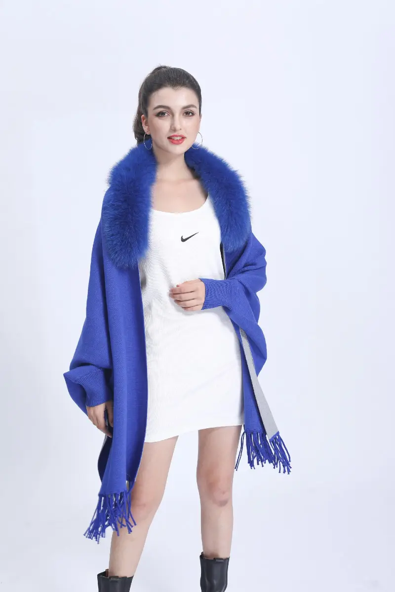 Women's Elegant Shawl with Fur Trim Reversible Two-Tone Cape Ribbed Cuffs Cape