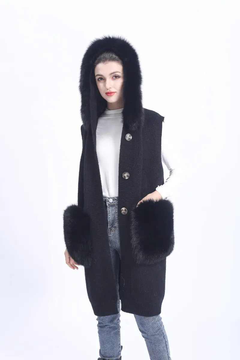 Women's Knitted Hooded Vest Sleeveless Button Down Cardigan Outwear Top with Pockets m2