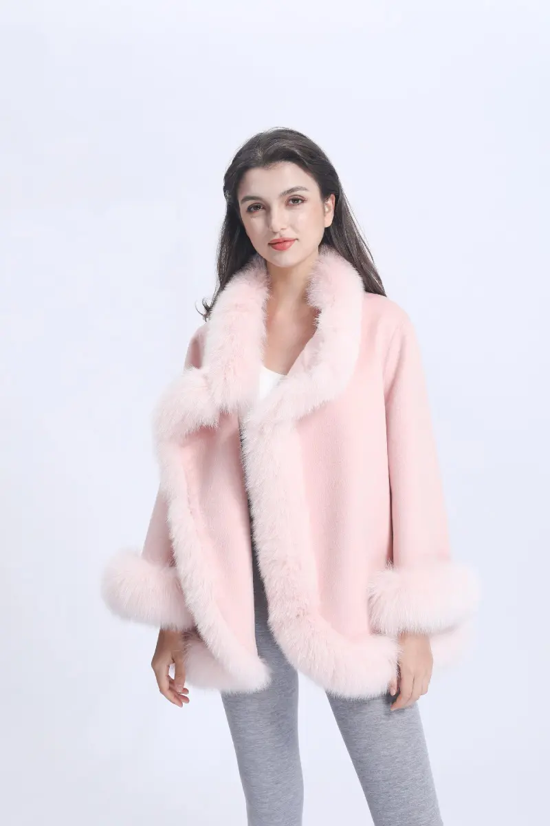 Women Elegant Style Cashmere Coat with Fox Fur Trim Shawl