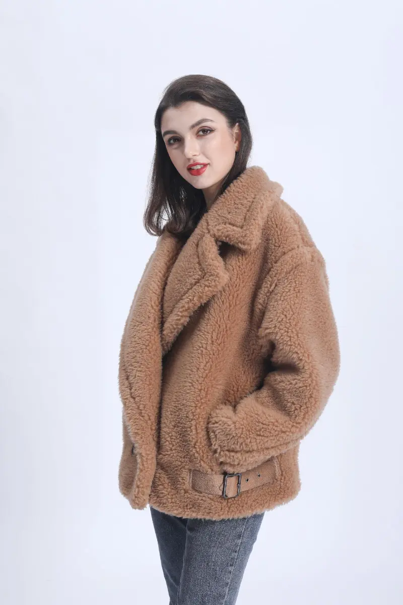 Womens' Teddy Shearling Coat with Leather Button Hem and Double-breasted Shearling Jacket Spring Fur Coat m3