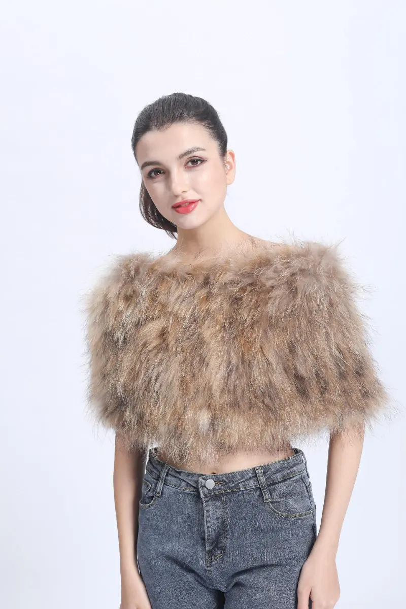 Women's Vertical Fur Shawl Fashionable Beautiful Genuine Raccoon Fur Cape m1