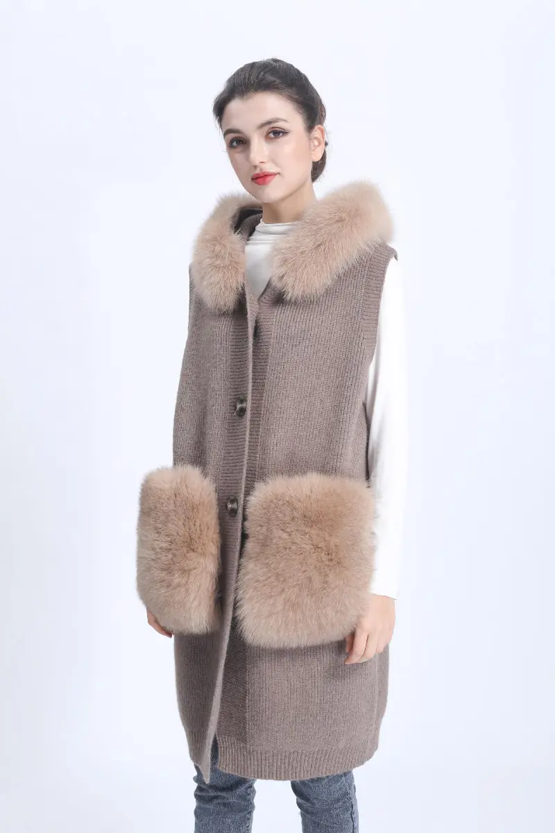 Women's Knitted Hooded Vest Sleeveless Button Down Cardigan Outwear Top with Pockets m6