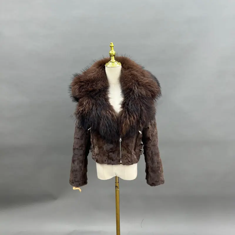 Raccoon Fur Collar Mink Fur-Blended Women's Short Casual Jacket with Detachable Hood
