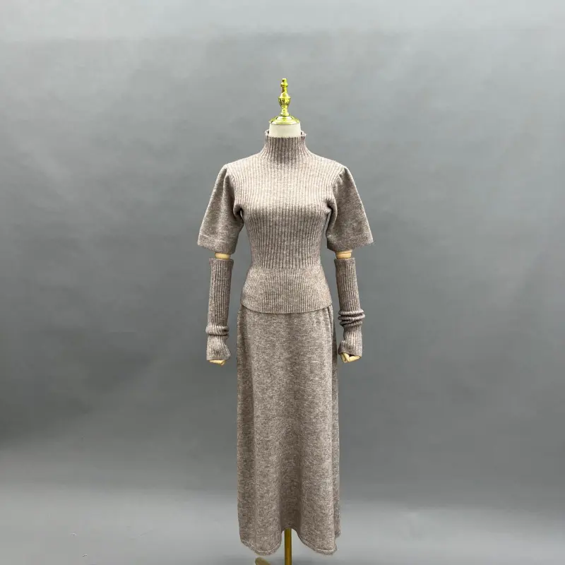 Women's Knit Top and Sleeves with Long Skirt Knit Set Knit Innerwear Three-Piece Set 13