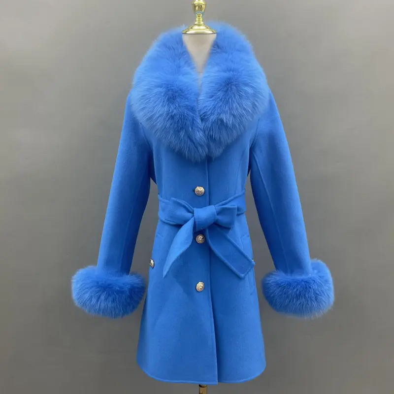 Double-Faced Fleece Coat for Women Elegant Notched Lapel Belted Double-Faced Wool Outer Jacket (50)