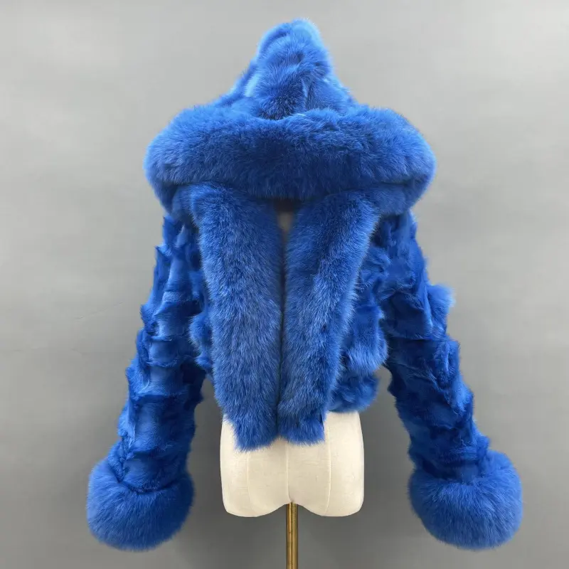Fox Fur Coat for Women Luxurious Fox Fur Placket Hooded Zippered Jacket (62)