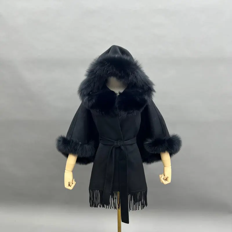 Double-Faced Cashmere Cape Coat for Women with Hood and Fringe Double-Faced Wool Outer Jacket (10)