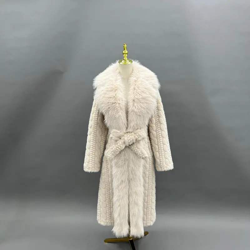 Eco-Friendly Faux Mink Fur Women's Long Coat with Suit Collar and Placket 