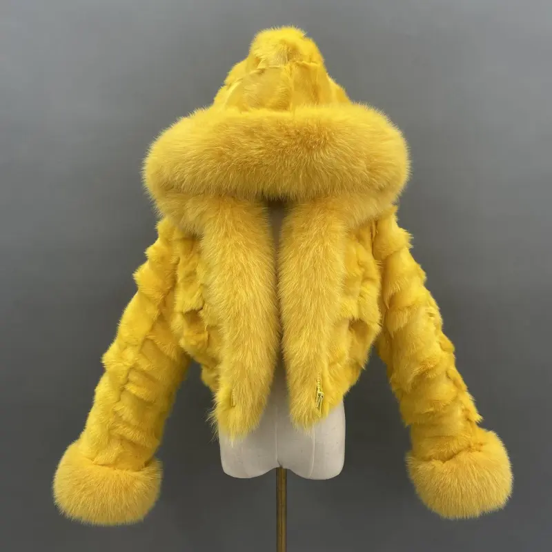 Fox Fur Coat for Women Luxurious Fox Fur Placket Hooded Zippered Jacket (32)