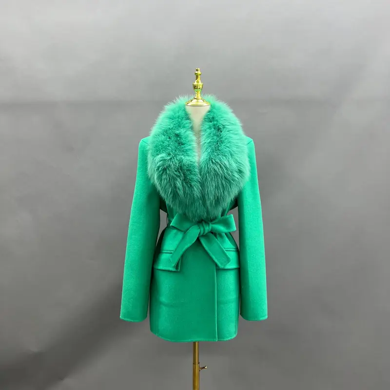 Fox Fur Collar Double-Faced Cashmere Coat for Women with Charming Notched Lapel Waist-Cinching Double-Faced Wool Jacket (29)