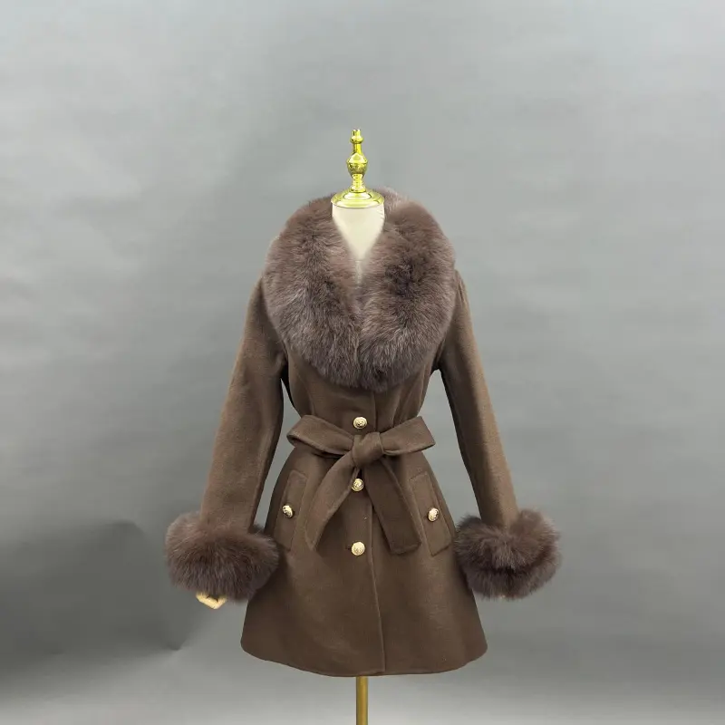 Double-Faced Fleece Coat for Women Elegant Notched Lapel Belted Double-Faced Wool Outer Jacket (62)
