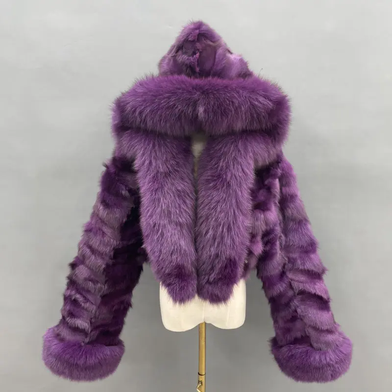 Fox Fur Coat for Women Luxurious Fox Fur Placket Hooded Zippered Jacket (56)