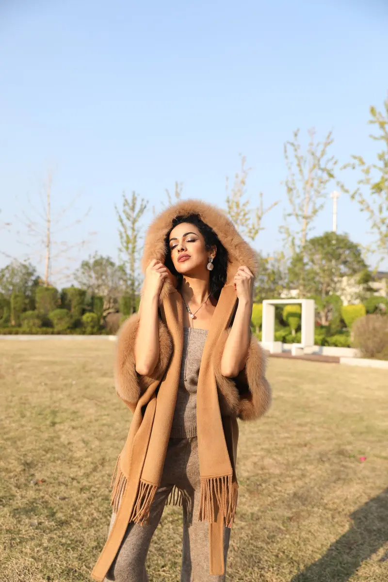 Double-Faced Cashmere Cape Coat for Women with Hood and Fringe Double-Faced Wool Outer Jacket (1 (40)
