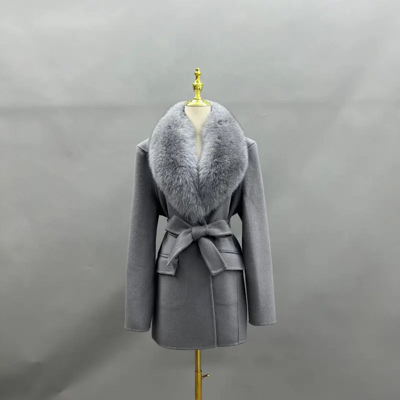 Fox Fur Collar Double-Faced Cashmere Coat for Women with Charming Notched Lapel Waist-Cinching Double-Faced Wool Jacket (20)