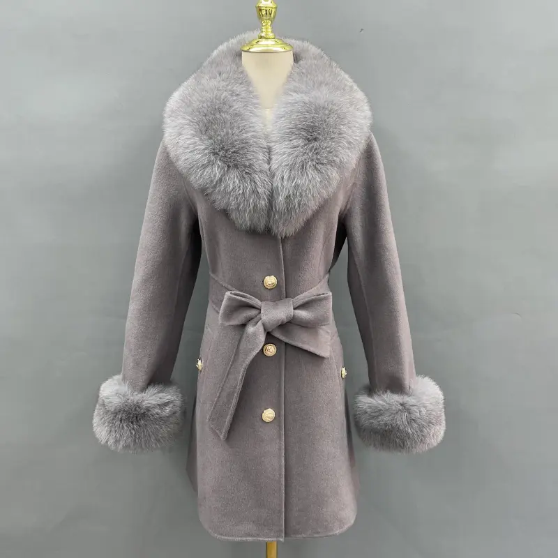 Double-Faced Fleece Coat for Women Elegant Notched Lapel Belted Double-Faced Wool Outer Jacket (44)
