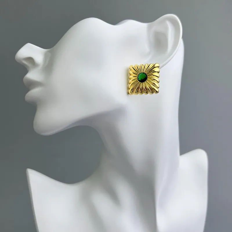 French Gold Vein Earrings Vintage Geometric Square Design Studs