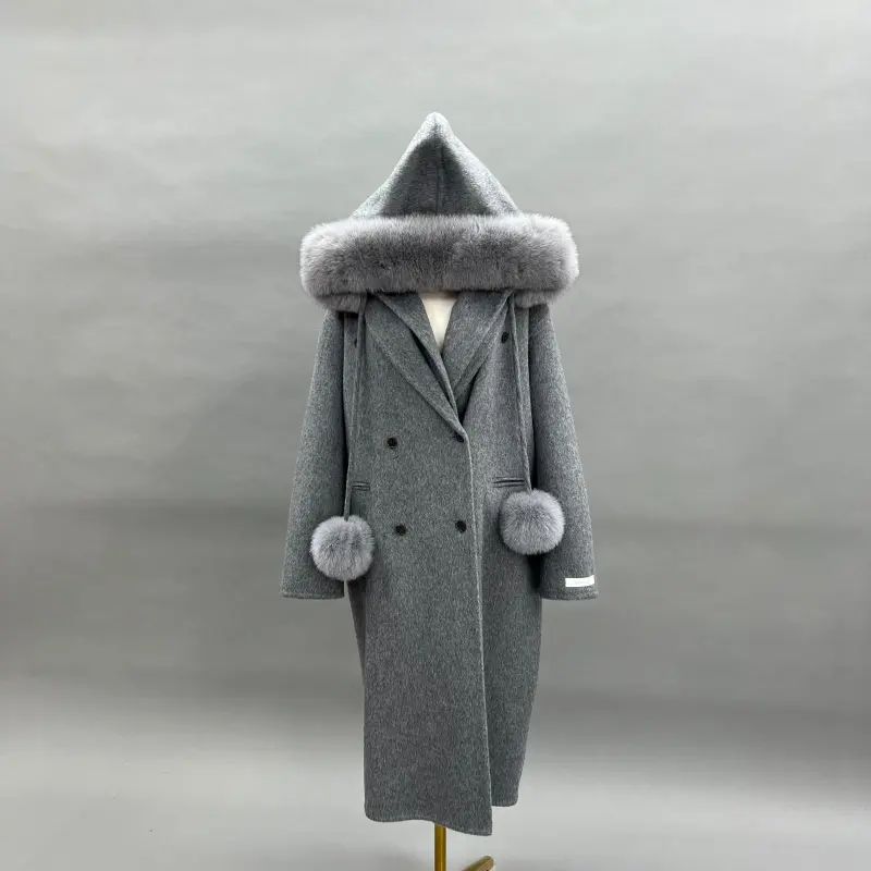 Double-Faced Wool Coat for Women Fashionable Removable Hat Long Double-Faced Wool Outer Coat (1)