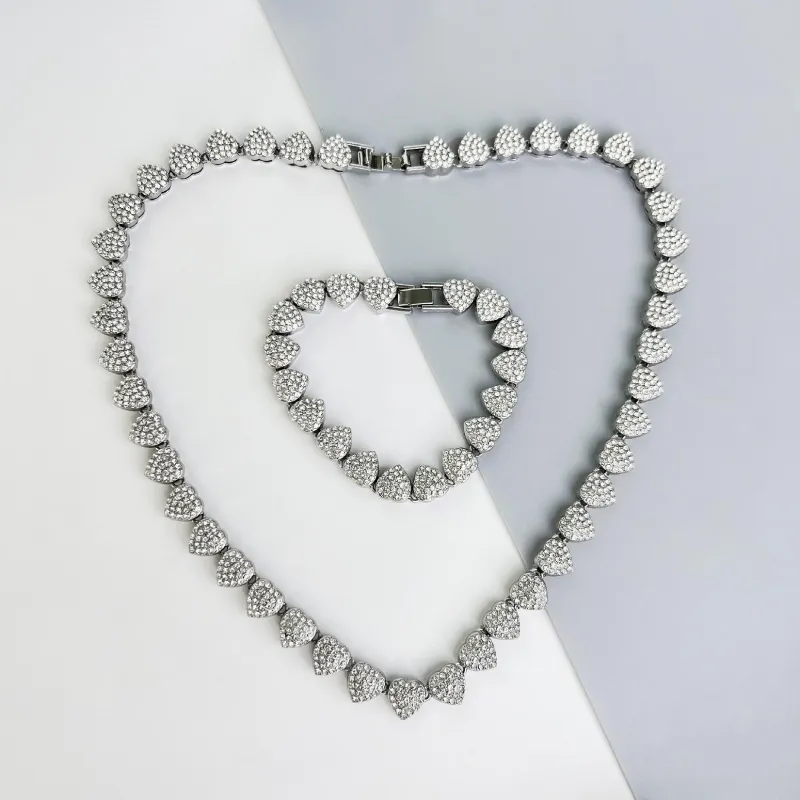 American Hip-Hop Heart-Shaped Full-Diamond Cuban Link Necklace and Bracelet Personalized Jewelry