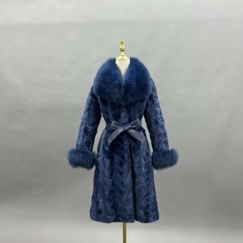 Fox Fur Collar Women's Mink-trimmed Belted Fashionable Coat Fur Jacket  (16)