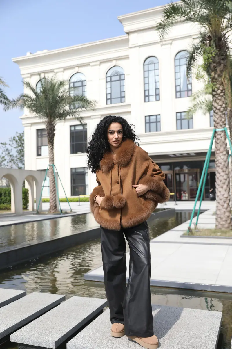 Double-Faced Cashmere Jacket for Women Classic Square Collar Pom-Pom Double-Faced Wool Jacket