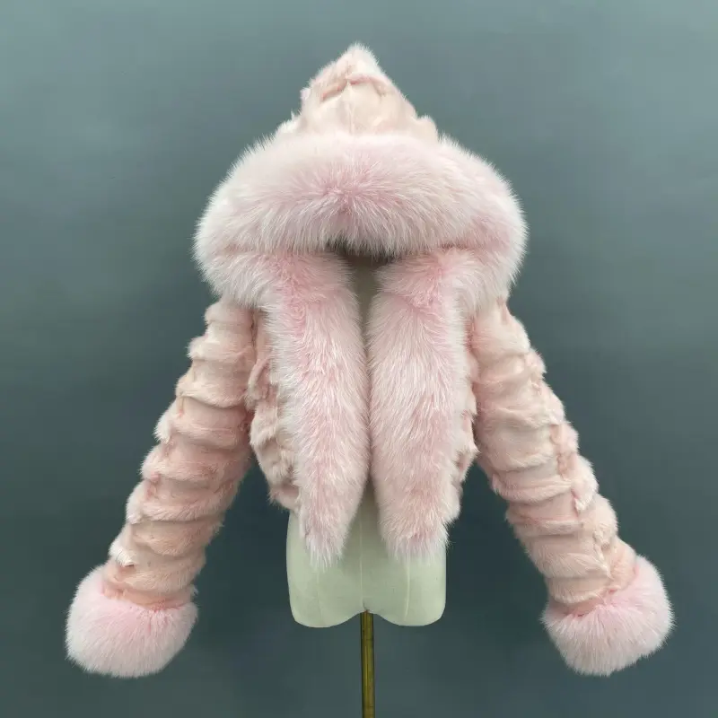 Fox Fur Coat for Women Luxurious Fox Fur Placket Hooded Zippered Jacket (41)