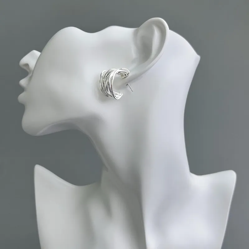 Silver Vintage High-End Hollowed Out Metal Wrapped Wire C-Shaped Loop Earrings Trendy Studs