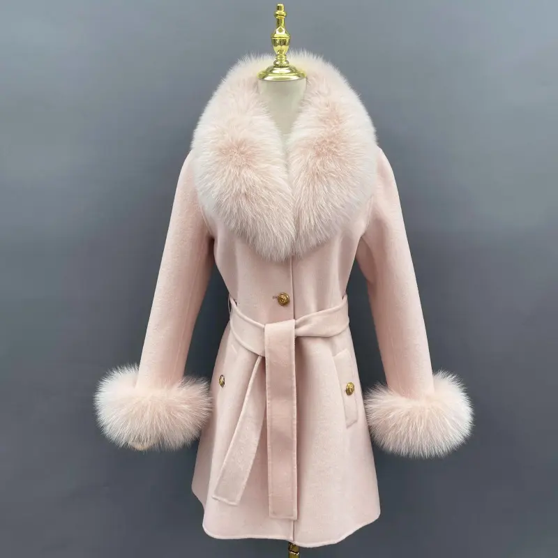 Double-Faced Fleece Coat for Women Elegant Notched Lapel Belted Double-Faced Wool Outer Jacket (38)